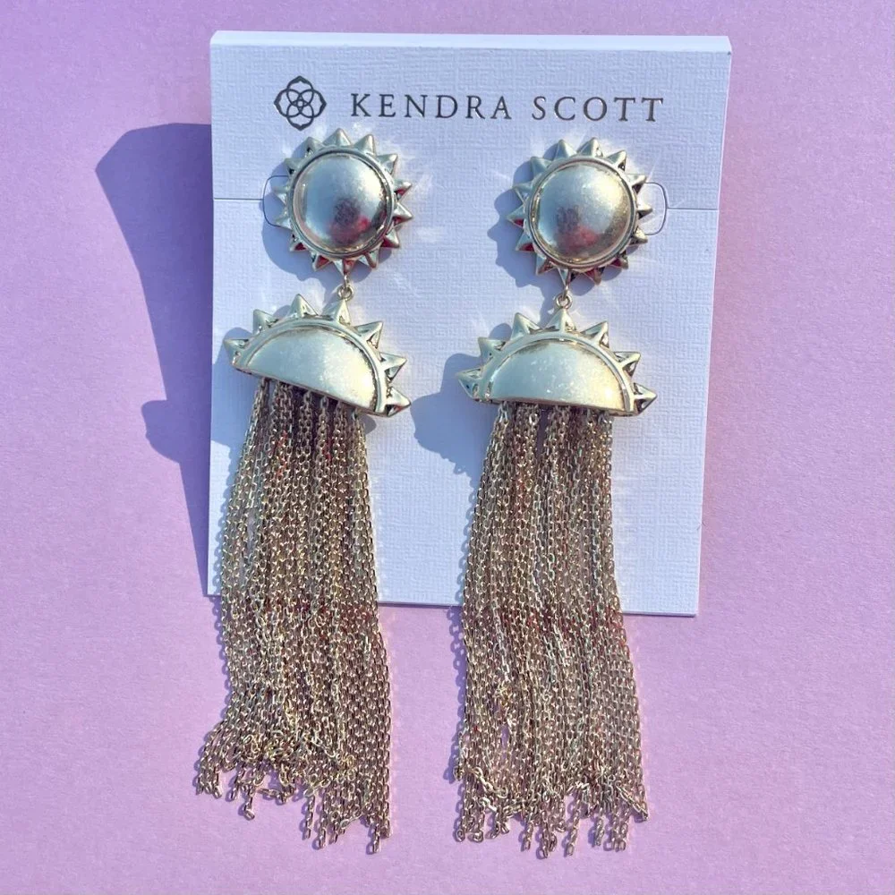 NWT Kendra Scott 14K Gold Plated Sun Earrings with Chain Tassles - Picture 1 of 14
